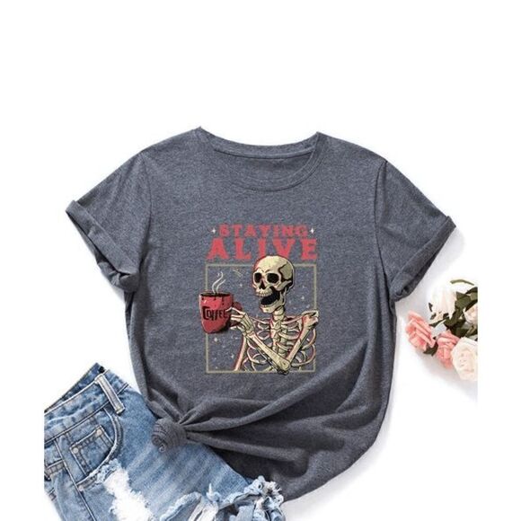 Teedino Dark Gray & Red 'Staying Alive' Skeleton Tee 3XL - Picture 1 of 9